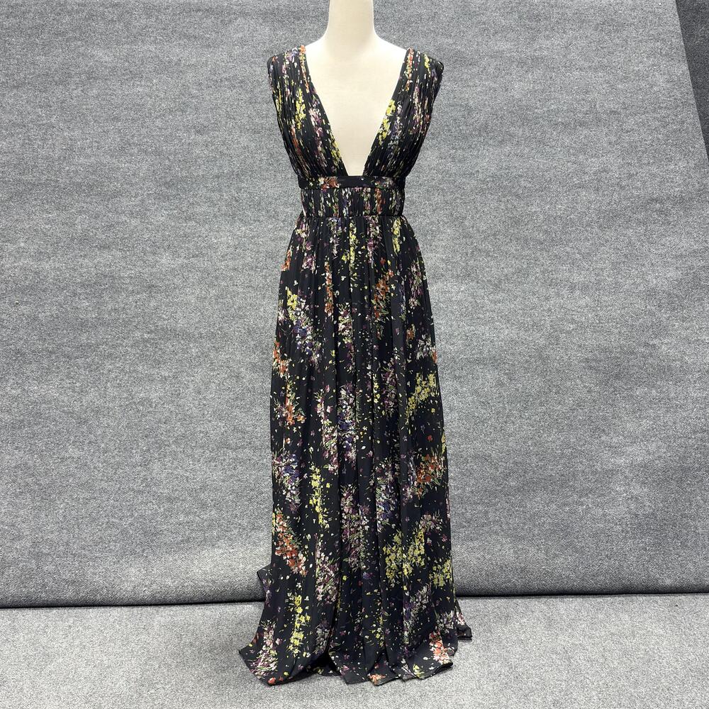 AMUR Dress Womens 2 Black Floral Plunge Maxi Cutout Sleeveless Evening Gown